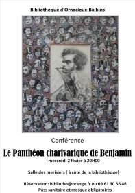 Affiche de la conférence sur le Panthéon charivarique de Benjamin Roubaud, par Pierre Quiblier à la bibliothèque d'Ornacieux-Balbins