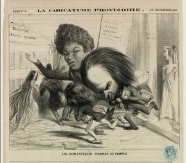 Les romantiques chassé du Temple - Benjamin Roubaud pour La Caricature provisoire (Victor Hugo, Alexandre Dumas, Théophile Gautier)