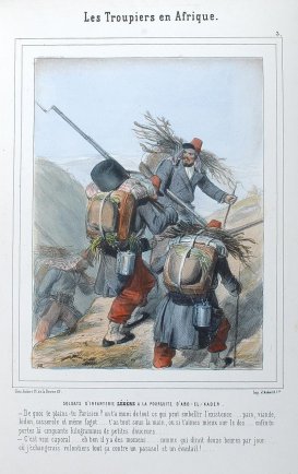Planche 3 des Troupiers en Afrique (aquarelle) - Soldats d'infanterie légère à la poursuite d'Abd el-Kader