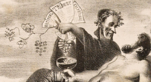Détail de la lithographie "Verse, verse, verse encore (scène bachique)" par Benjamin Roubaud pour la Caricature du 30 janvier 1834 - Jean-Charles Persil pressant des grappes de "raisin monétaire"
