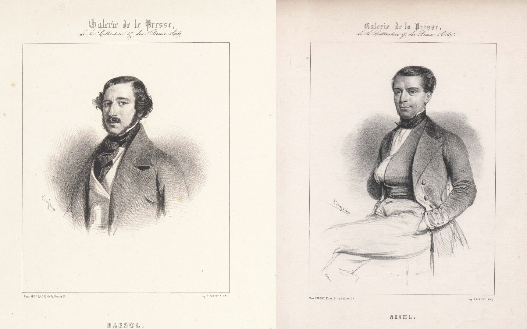 Deux portraits réalisés par Benjamin Roubaud et issus du 4ème volume de la Galerie de la presse : Massol et Ravel