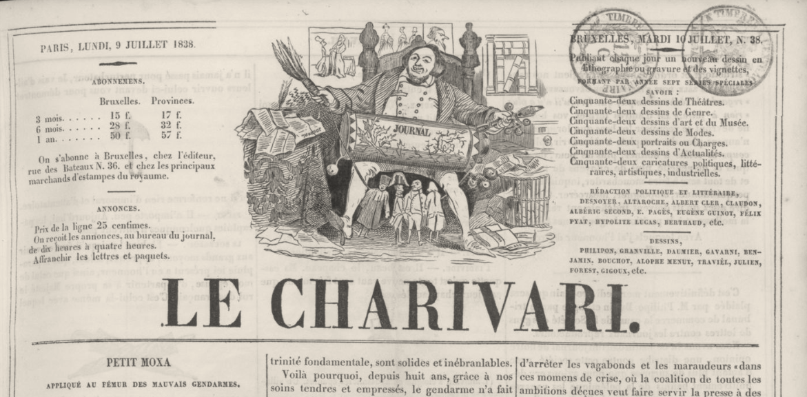 Entête du journal Le Charivari de Bruxelles du mardi 9 juillet 1838
