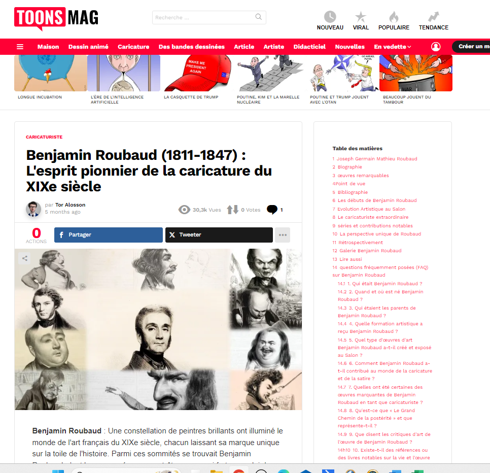 Capture d'écran de l'article du site Toons Mag sur Benjamin Roubaud
